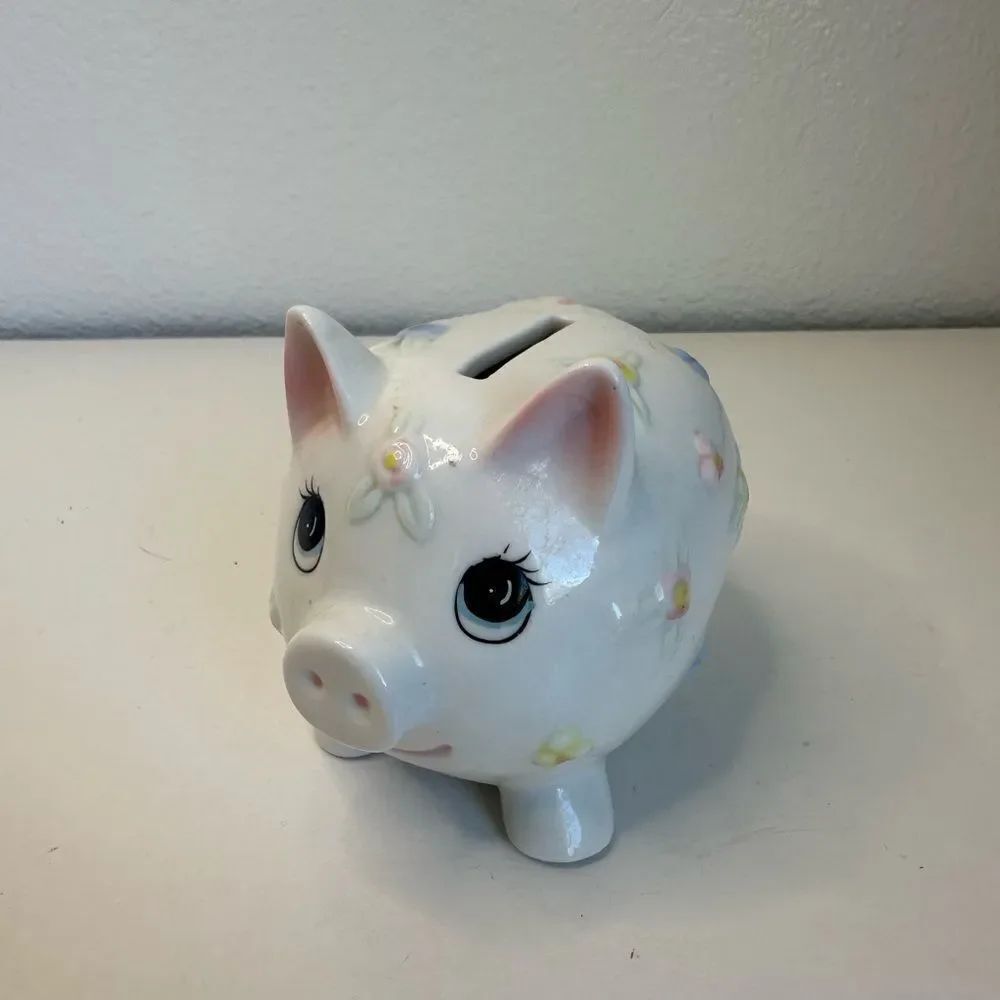 Ceramic White Piggy Bank With Flowers ‎ 5”